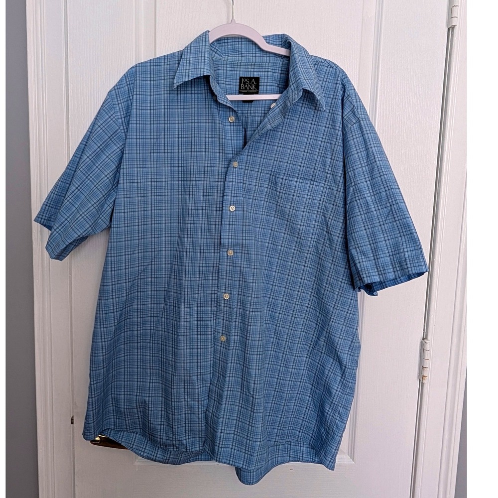 Jos. A. Bank Traveler's Collection Mens XL Blue Plaid Short Sleeve Cotton Shirt